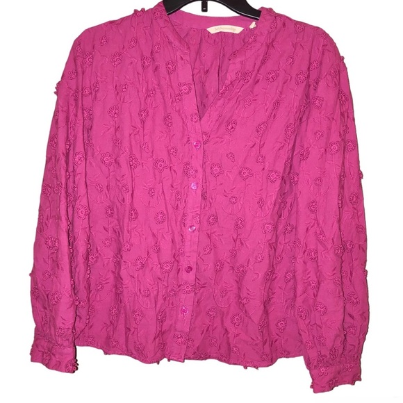 Soft Surroundings Floral Appliqué Button Front Blouse Pink Fuchsia Small - Picture 1 of 6
